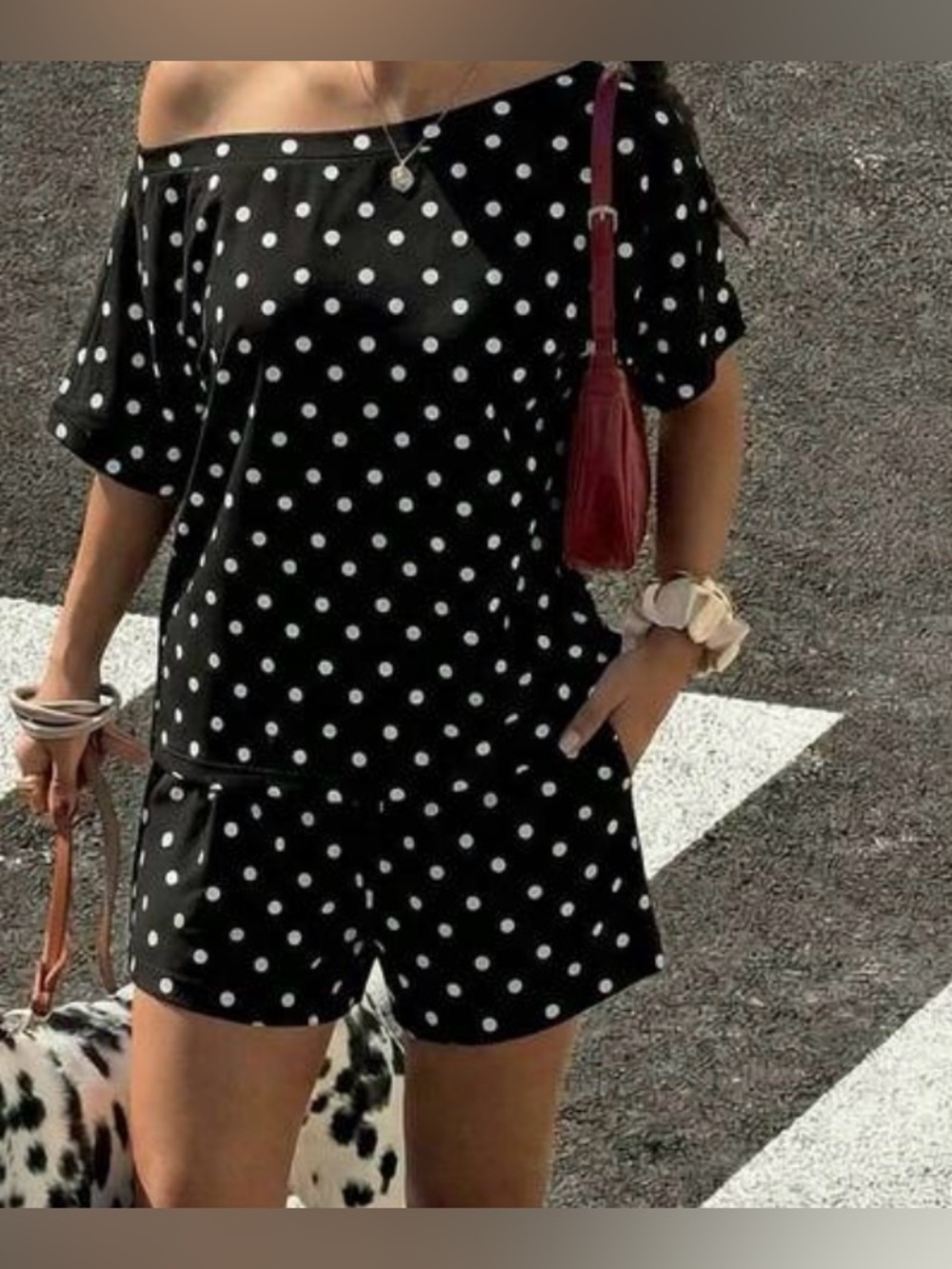 Black Polka Dot Off-Shoulder Top & Shorts Set